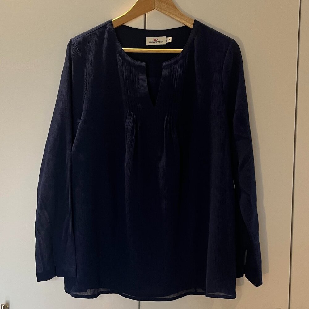 Vineyard Vines Navy Blue Silk Cotton Crepe Tunic Blouse Size M